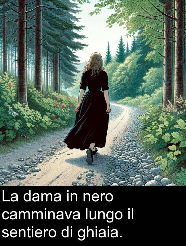 dama: La dama in nero camminava lungo il sentiero di ghiaia.