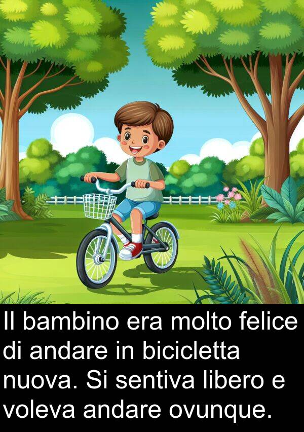 sentiva: Il bambino era molto felice di andare in bicicletta nuova. Si sentiva libero e voleva andare ovunque.