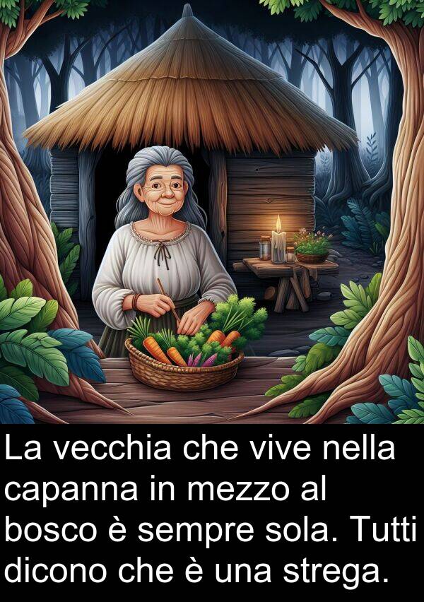 vive: La vecchia che vive nella capanna in mezzo al bosco è sempre sola. Tutti dicono che è una strega.