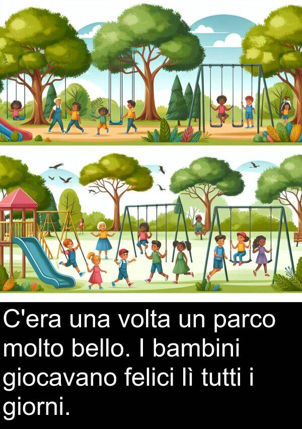 felici: C'era una volta un parco molto bello. I bambini giocavano felici lì tutti i giorni.