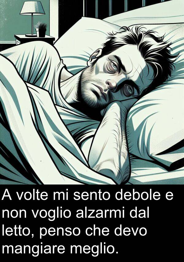 alzarmi: A volte mi sento debole e non voglio alzarmi dal letto, penso che devo mangiare meglio.
