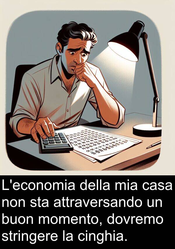buon: L'economia della mia casa non sta attraversando un buon momento, dovremo stringere la cinghia.