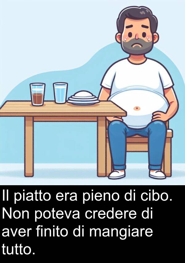 cibo: Il piatto era pieno di cibo. Non poteva credere di aver finito di mangiare tutto.