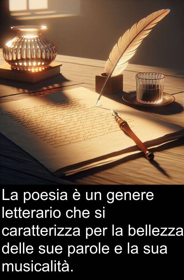 bellezza: La poesia è un genere letterario che si caratterizza per la bellezza delle sue parole e la sua musicalità.
