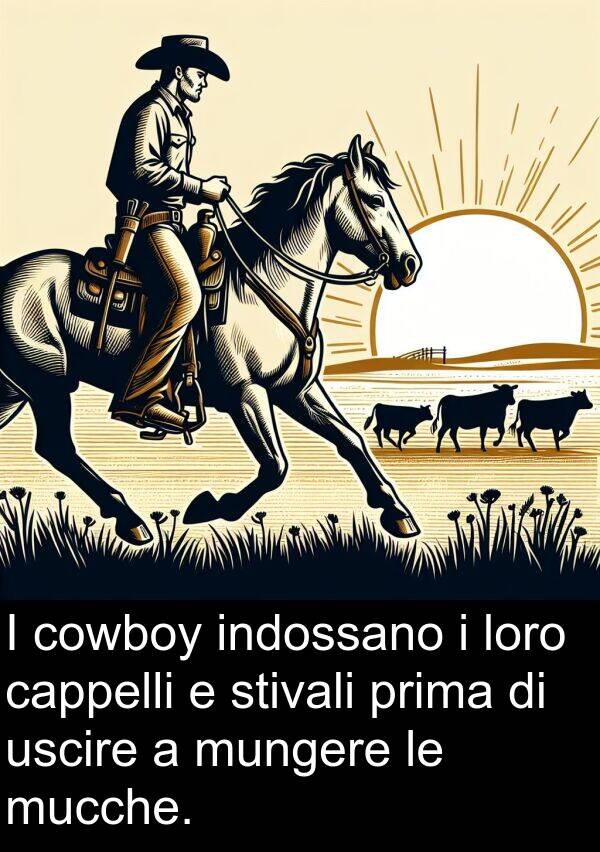 stivali: I cowboy indossano i loro cappelli e stivali prima di uscire a mungere le mucche.