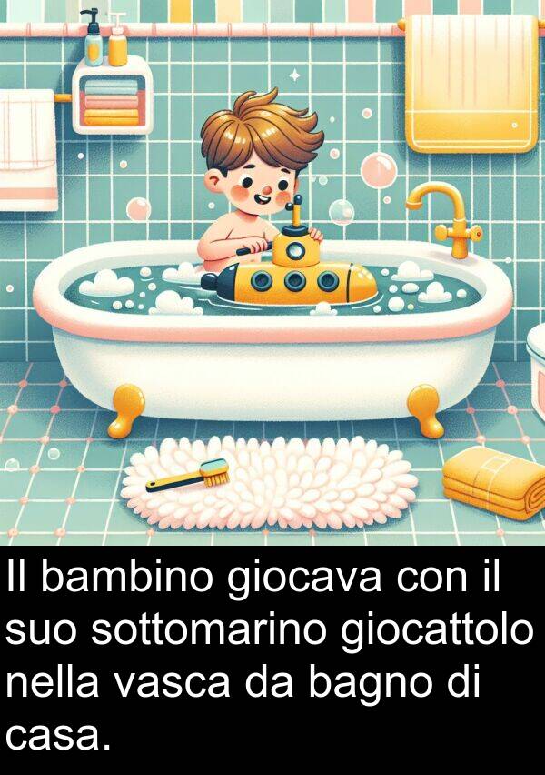 giocattolo: Il bambino giocava con il suo sottomarino giocattolo nella vasca da bagno di casa.