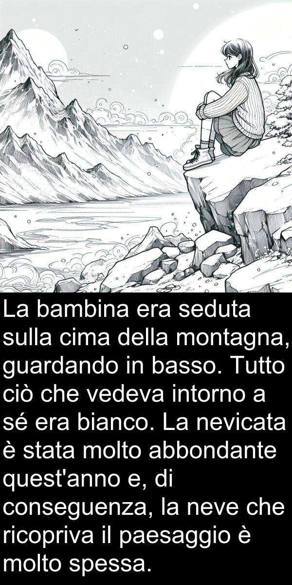 conseguenza: La bambina era seduta sulla cima della montagna, guardando in basso. Tutto ciò che vedeva intorno a sé era bianco. La nevicata è stata molto abbondante quest'anno e, di conseguenza, la neve che ricopriva il paesaggio è molto spessa.