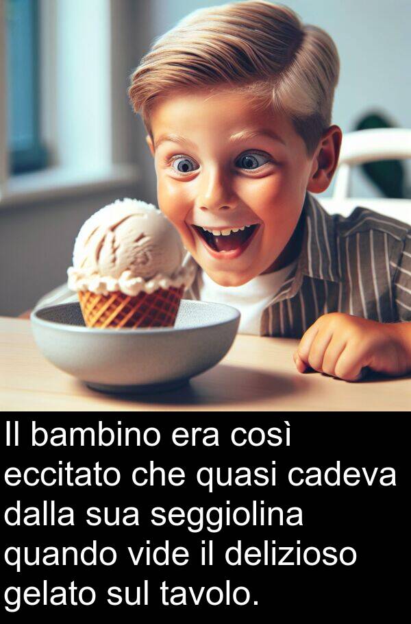 gelato: Il bambino era così eccitato che quasi cadeva dalla sua seggiolina quando vide il delizioso gelato sul tavolo.