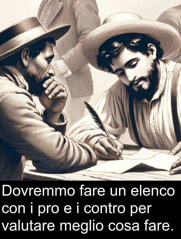 cosa: Dovremmo fare un elenco con i pro e i contro per valutare meglio cosa fare.