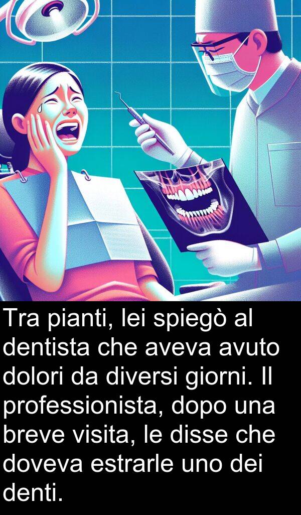 breve: Tra pianti, lei spiegò al dentista che aveva avuto dolori da diversi giorni. Il professionista, dopo una breve visita, le disse che doveva estrarle uno dei denti.
