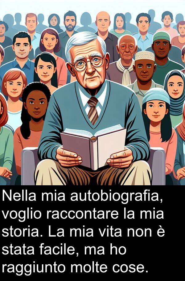 cose: Nella mia autobiografia, voglio raccontare la mia storia. La mia vita non è stata facile, ma ho raggiunto molte cose.