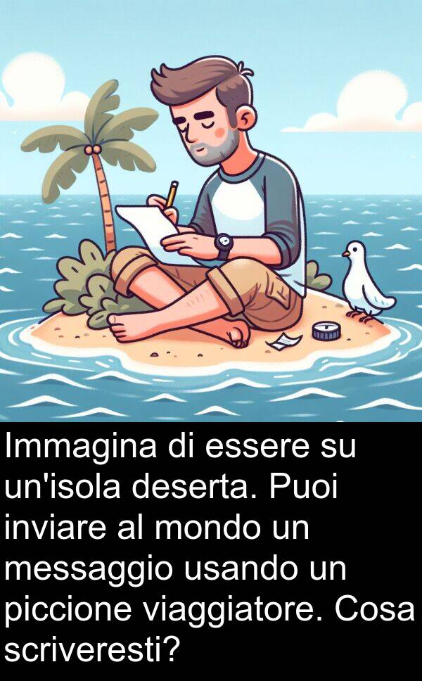 usando: Immagina di essere su un'isola deserta. Puoi inviare al mondo un messaggio usando un piccione viaggiatore. Cosa scriveresti?