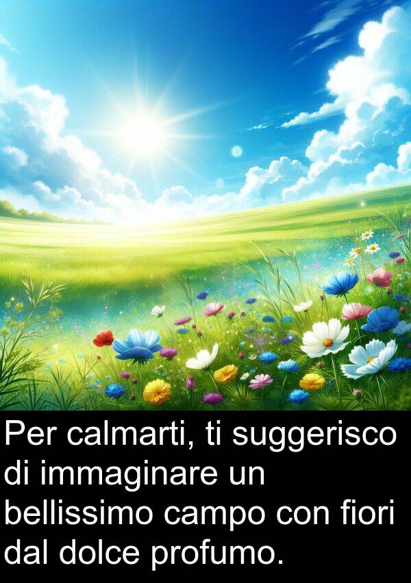 calmarti: Per calmarti, ti suggerisco di immaginare un bellissimo campo con fiori dal dolce profumo.