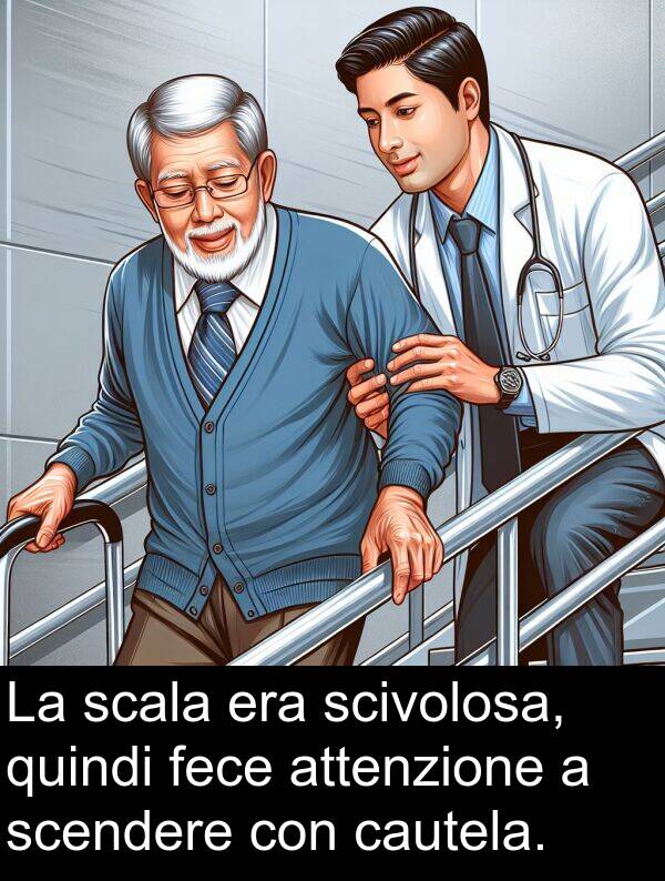 attenzione: La scala era scivolosa, quindi fece attenzione a scendere con cautela.