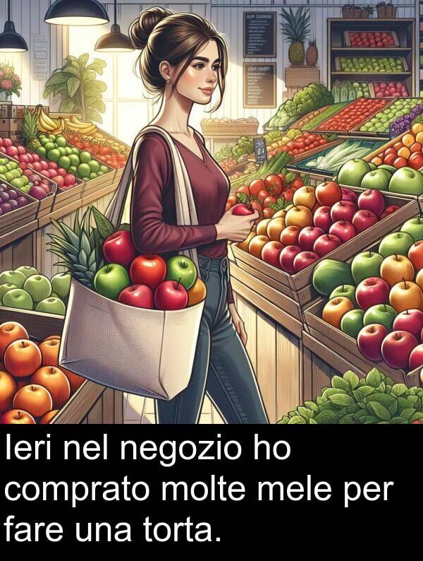 fare: Ieri nel negozio ho comprato molte mele per fare una torta.