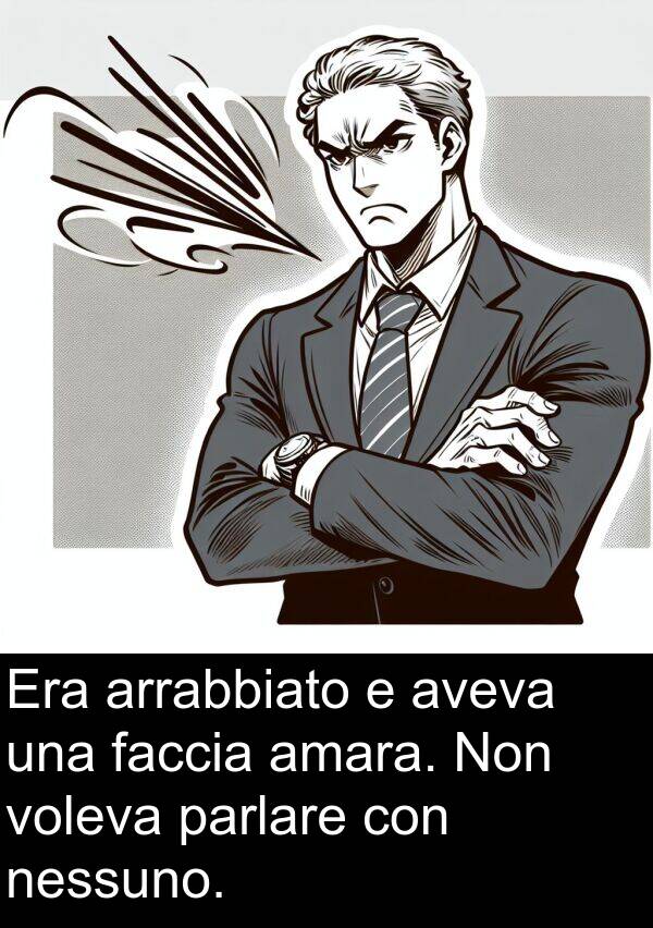 faccia: Era arrabbiato e aveva una faccia amara. Non voleva parlare con nessuno.