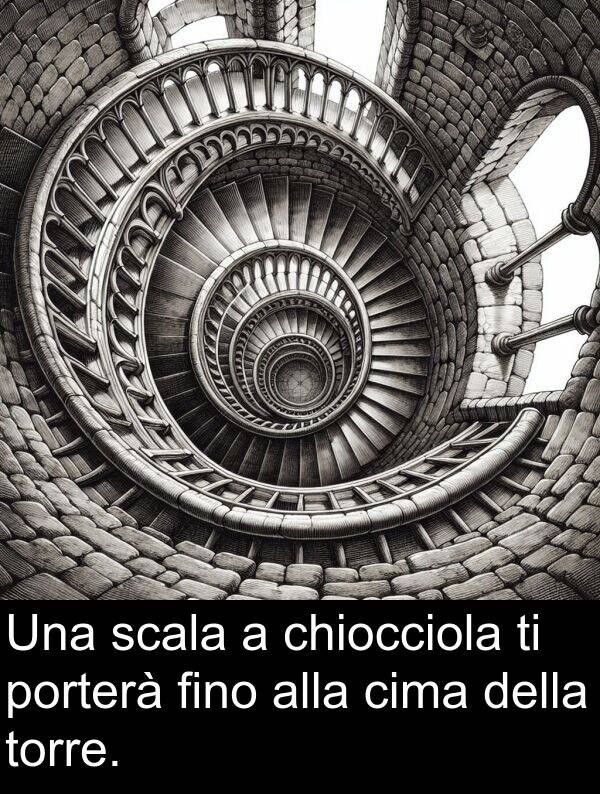 porterà: Una scala a chiocciola ti porterà fino alla cima della torre.