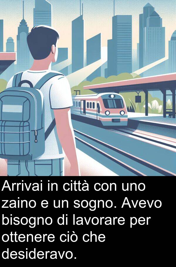 ottenere: Arrivai in città con uno zaino e un sogno. Avevo bisogno di lavorare per ottenere ciò che desideravo.