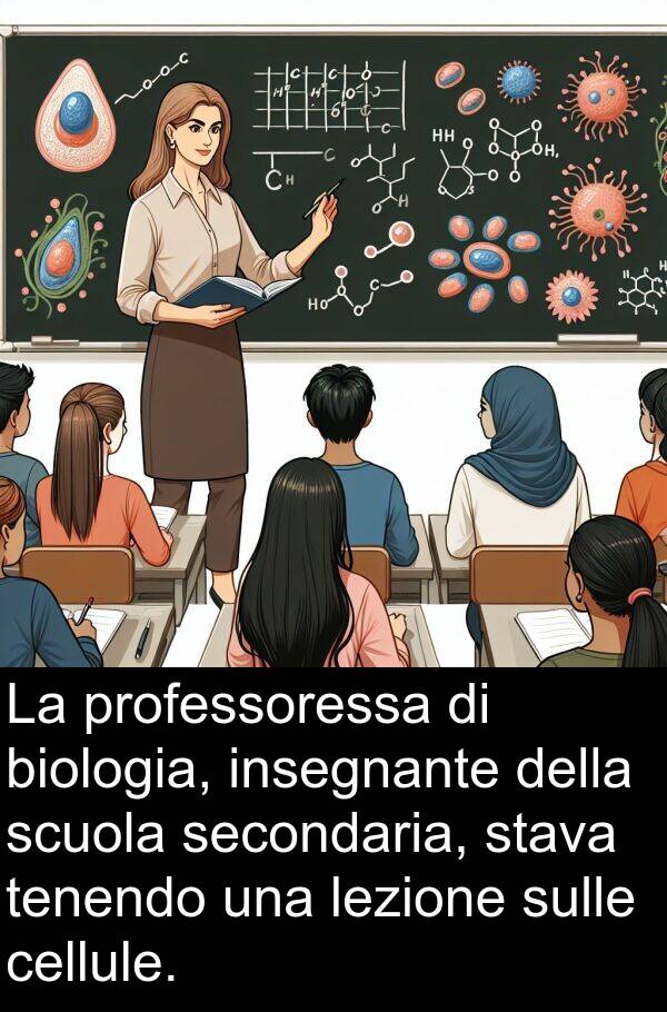 professoressa: La professoressa di biologia, insegnante della scuola secondaria, stava tenendo una lezione sulle cellule.