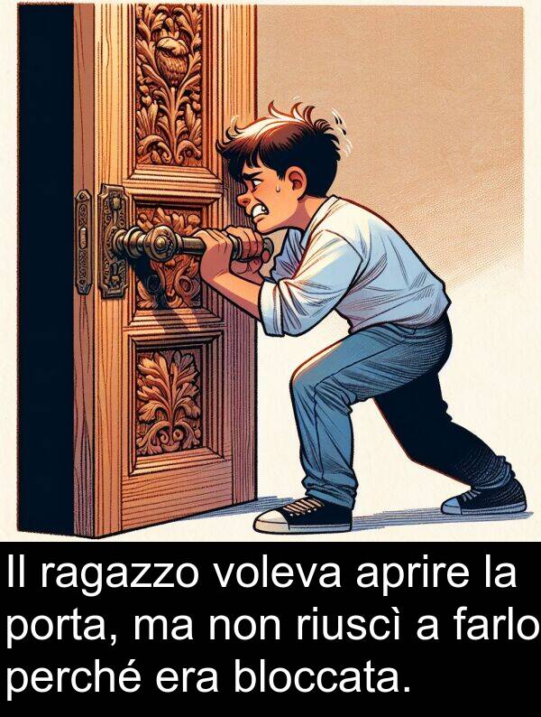 ragazzo: Il ragazzo voleva aprire la porta, ma non riuscì a farlo perché era bloccata.