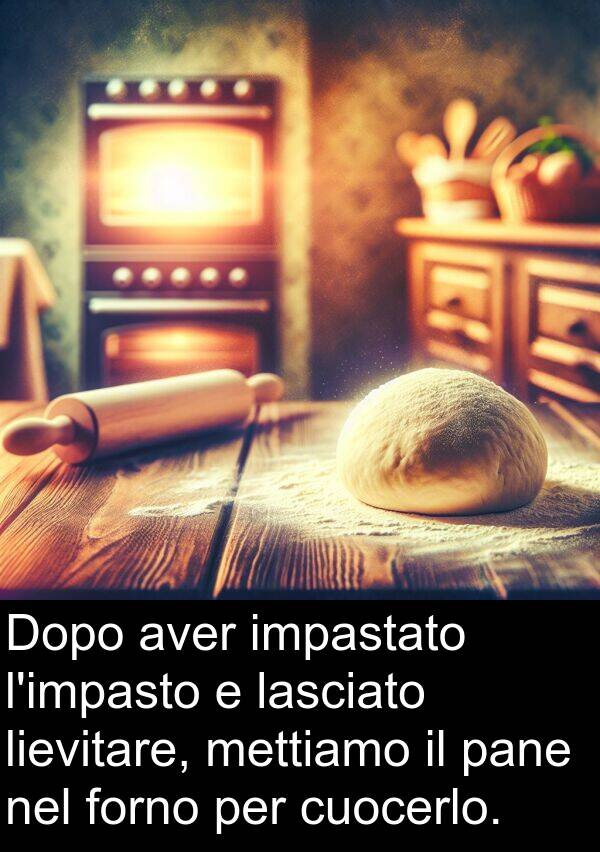 lievitare: Dopo aver impastato l'impasto e lasciato lievitare, mettiamo il pane nel forno per cuocerlo.