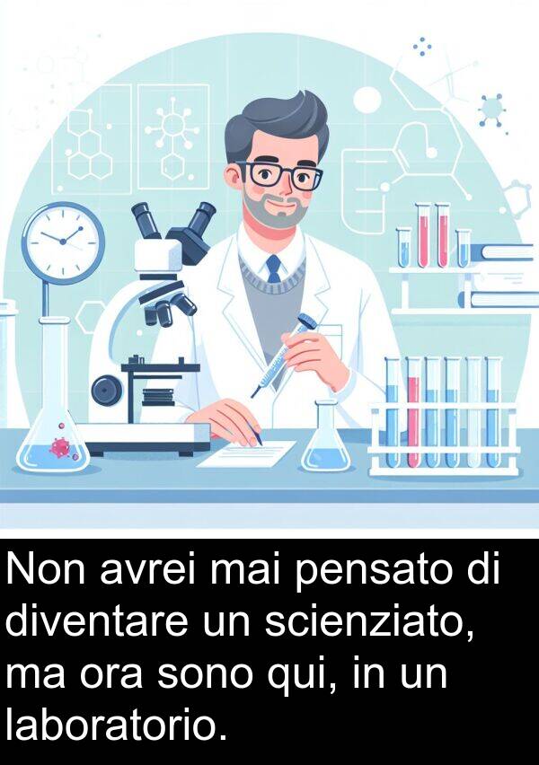 laboratorio: Non avrei mai pensato di diventare un scienziato, ma ora sono qui, in un laboratorio.