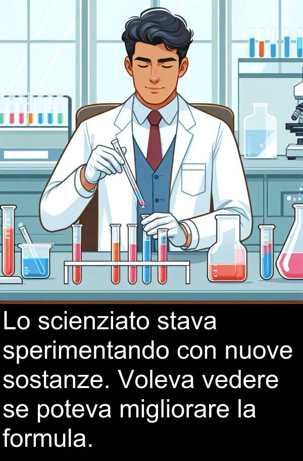 vedere: Lo scienziato stava sperimentando con nuove sostanze. Voleva vedere se poteva migliorare la formula.