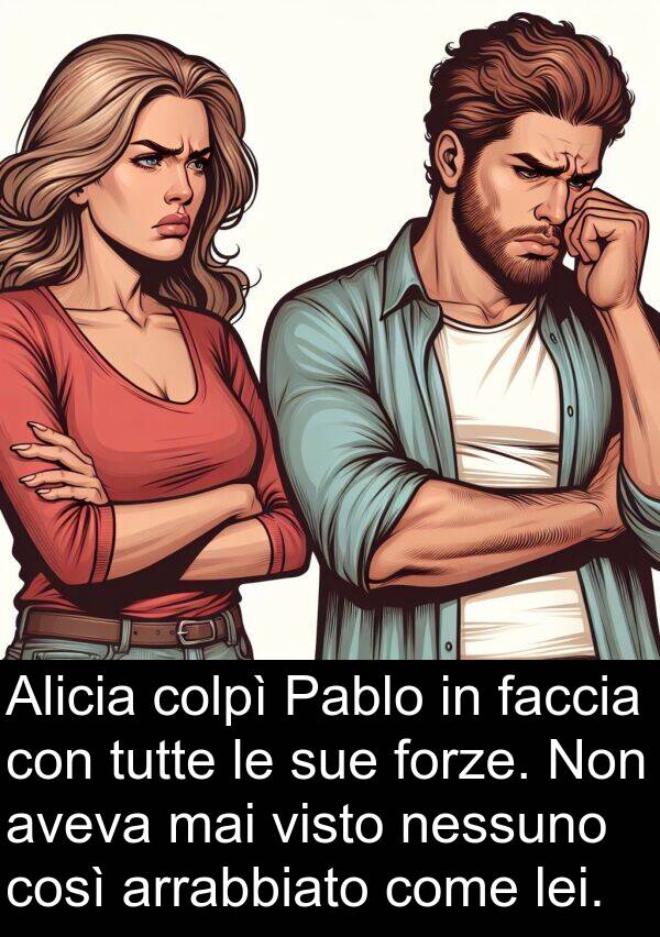 faccia: Alicia colpì Pablo in faccia con tutte le sue forze. Non aveva mai visto nessuno così arrabbiato come lei.