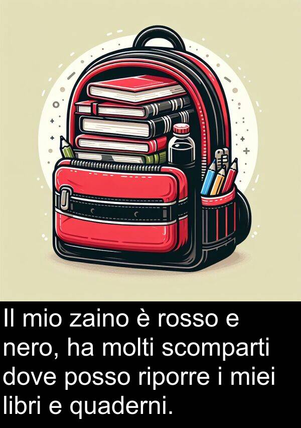 quaderni: Il mio zaino è rosso e nero, ha molti scomparti dove posso riporre i miei libri e quaderni.
