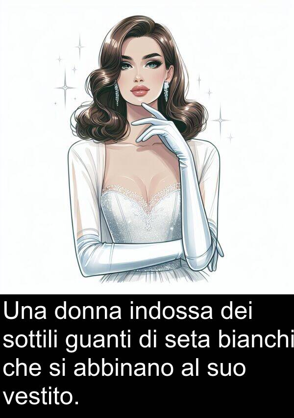 bianchi: Una donna indossa dei sottili guanti di seta bianchi che si abbinano al suo vestito.