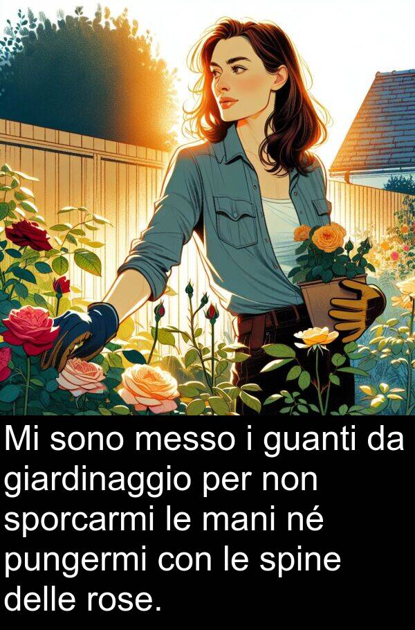 rose: Mi sono messo i guanti da giardinaggio per non sporcarmi le mani né pungermi con le spine delle rose.