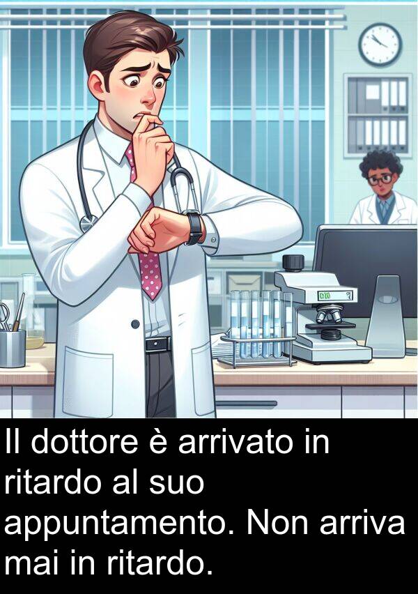 appuntamento: Il dottore è arrivato in ritardo al suo appuntamento. Non arriva mai in ritardo.