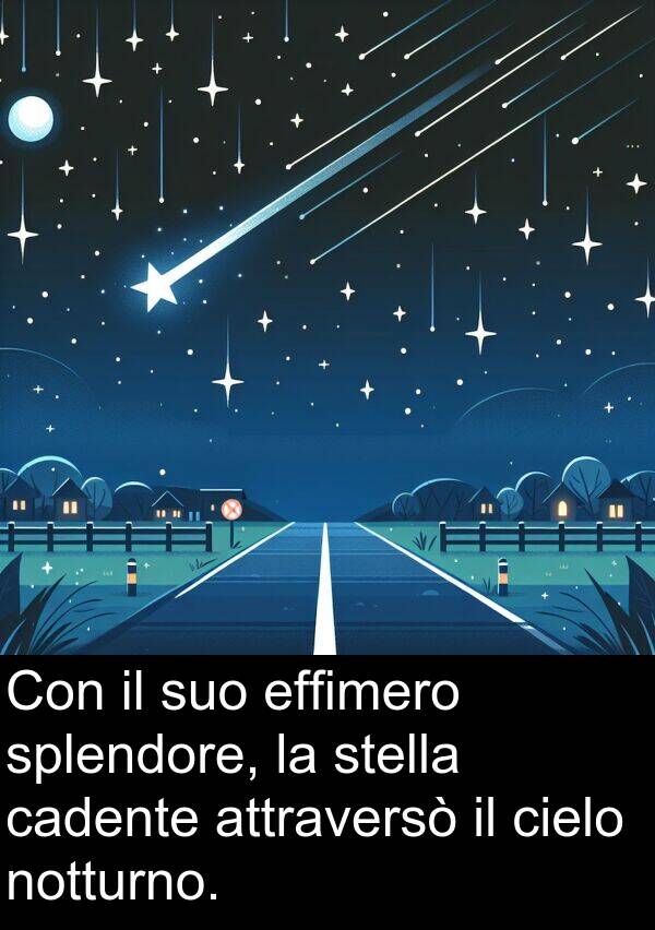 cadente: Con il suo effimero splendore, la stella cadente attraversò il cielo notturno.