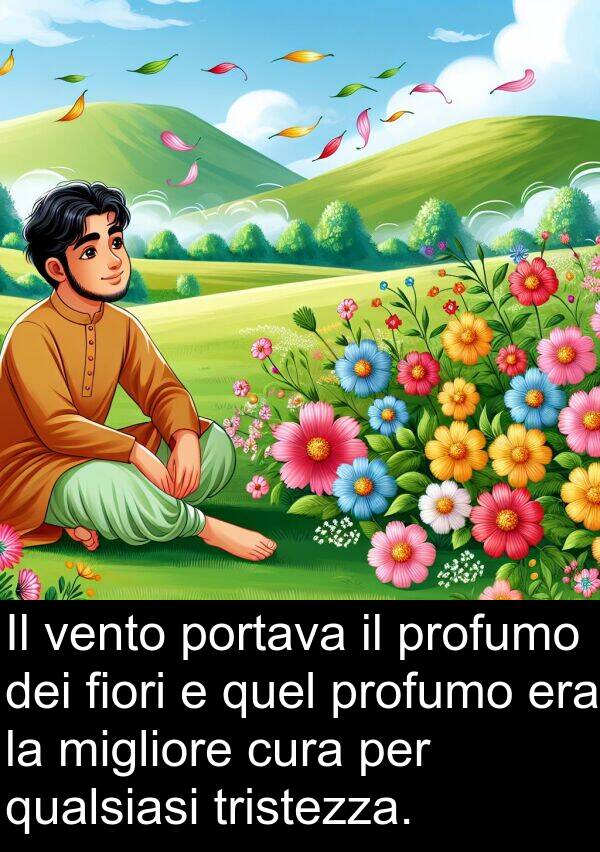 qualsiasi: Il vento portava il profumo dei fiori e quel profumo era la migliore cura per qualsiasi tristezza.
