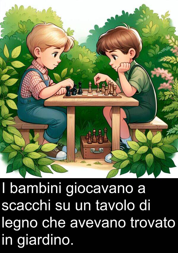 scacchi: I bambini giocavano a scacchi su un tavolo di legno che avevano trovato in giardino.