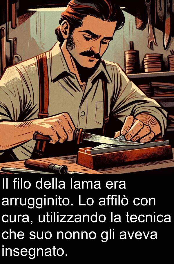 arrugginito: Il filo della lama era arrugginito. Lo affilò con cura, utilizzando la tecnica che suo nonno gli aveva insegnato.