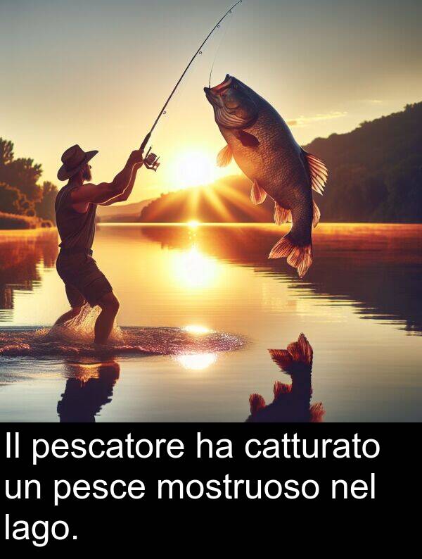 lago: Il pescatore ha catturato un pesce mostruoso nel lago.