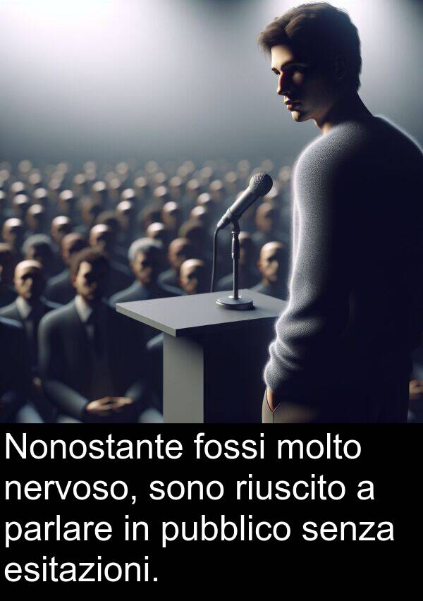 nervoso: Nonostante fossi molto nervoso, sono riuscito a parlare in pubblico senza esitazioni.