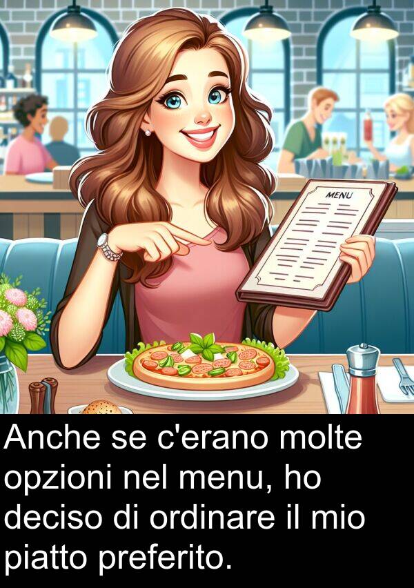 deciso: Anche se c'erano molte opzioni nel menu, ho deciso di ordinare il mio piatto preferito.