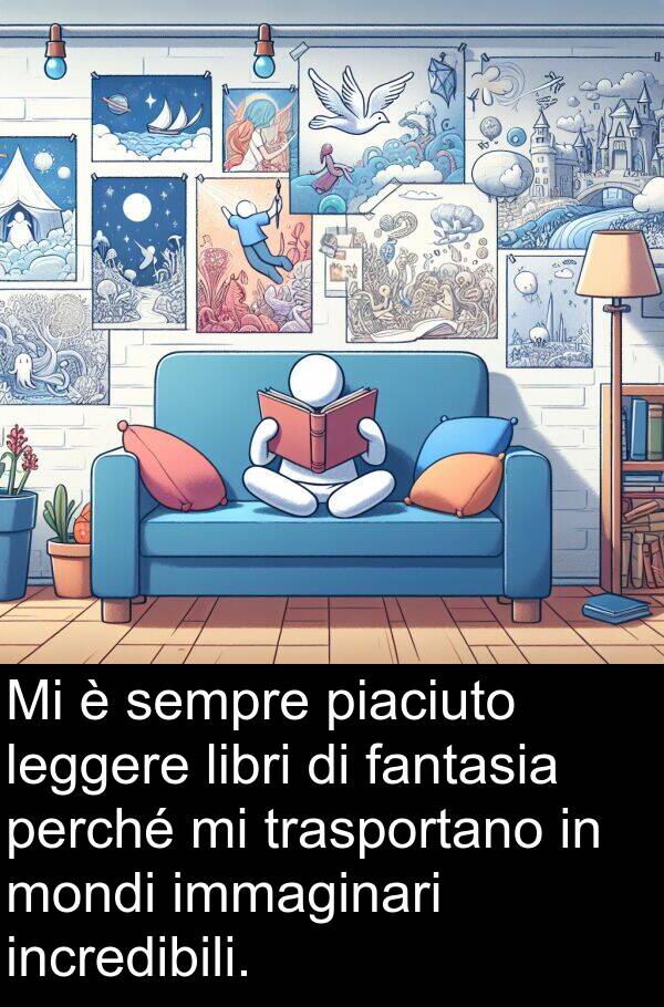 piaciuto: Mi è sempre piaciuto leggere libri di fantasia perché mi trasportano in mondi immaginari incredibili.