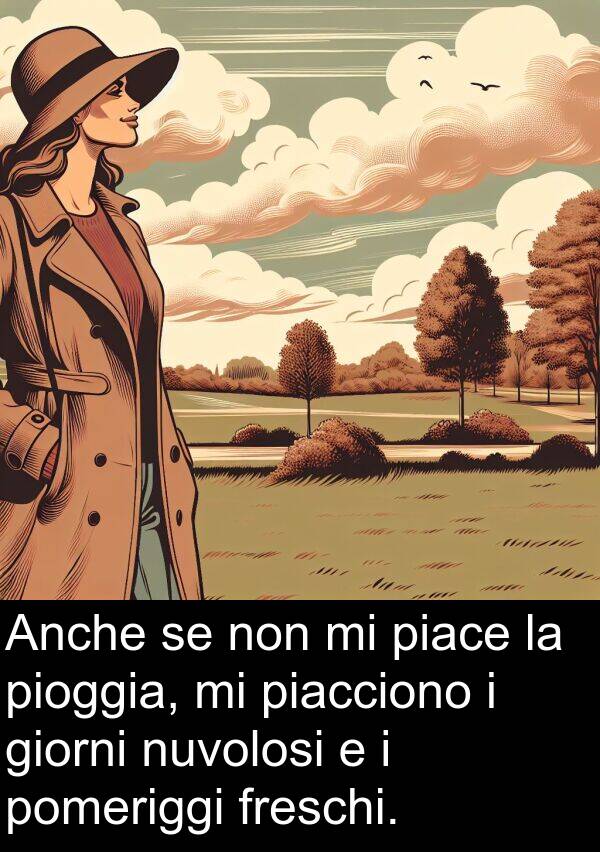 piacciono: Anche se non mi piace la pioggia, mi piacciono i giorni nuvolosi e i pomeriggi freschi.