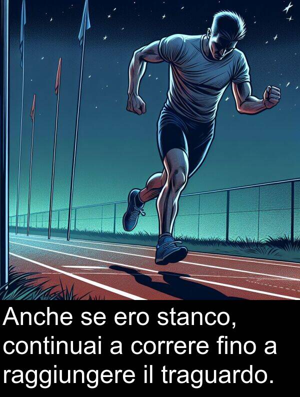 continuai: Anche se ero stanco, continuai a correre fino a raggiungere il traguardo.