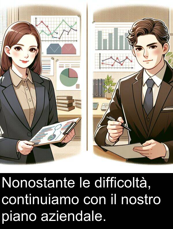continuiamo: Nonostante le difficoltà, continuiamo con il nostro piano aziendale.