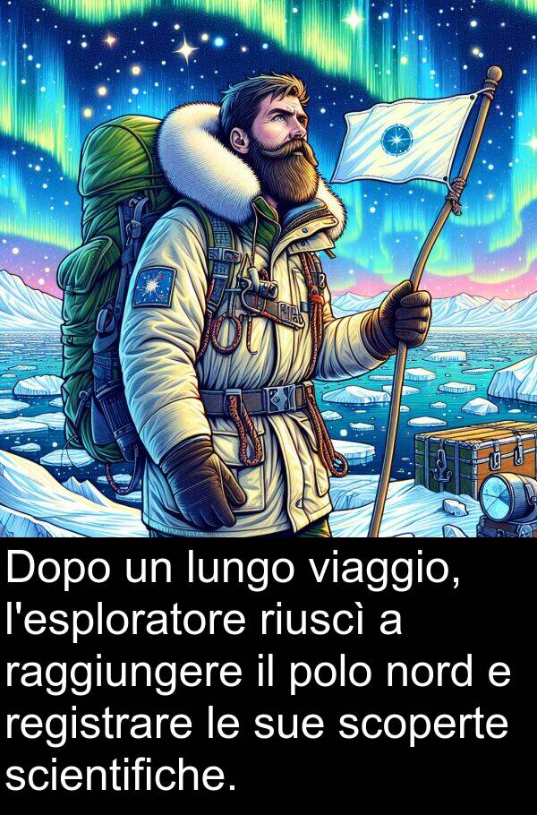 nord: Dopo un lungo viaggio, l'esploratore riuscì a raggiungere il polo nord e registrare le sue scoperte scientifiche.