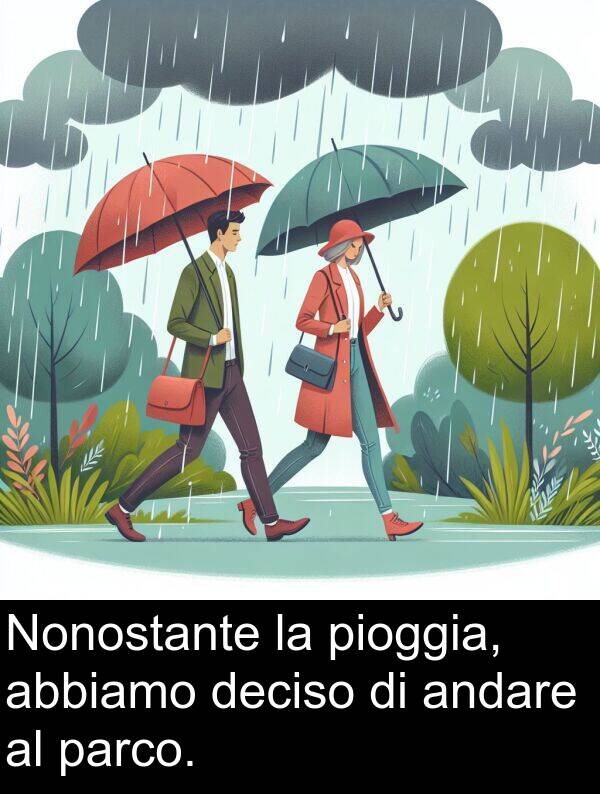 deciso: Nonostante la pioggia, abbiamo deciso di andare al parco.