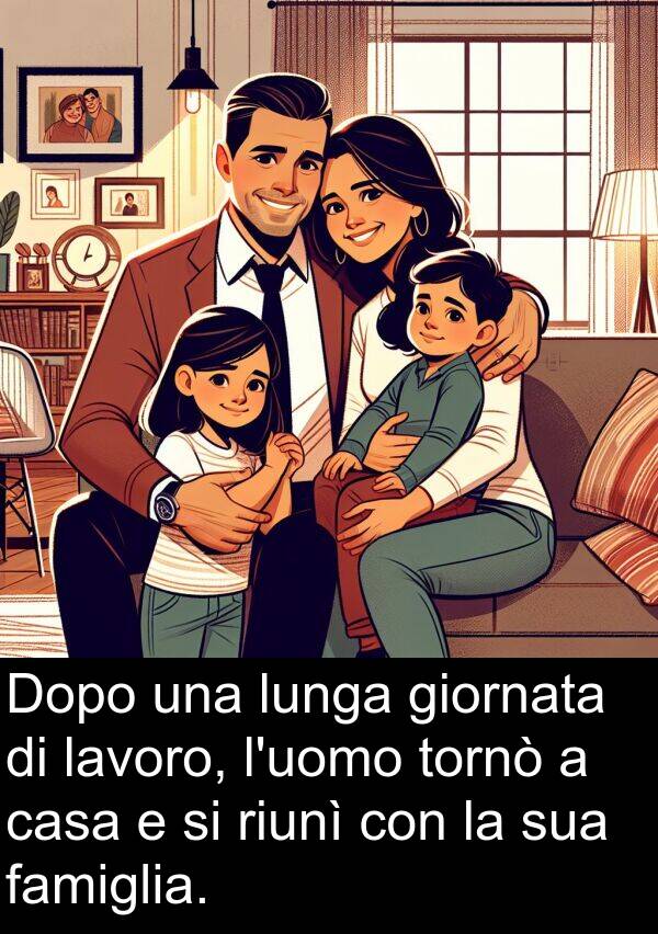 lavoro: Dopo una lunga giornata di lavoro, l'uomo tornò a casa e si riunì con la sua famiglia.