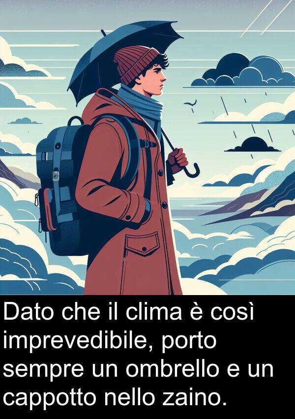 ombrello: Dato che il clima è così imprevedibile, porto sempre un ombrello e un cappotto nello zaino.