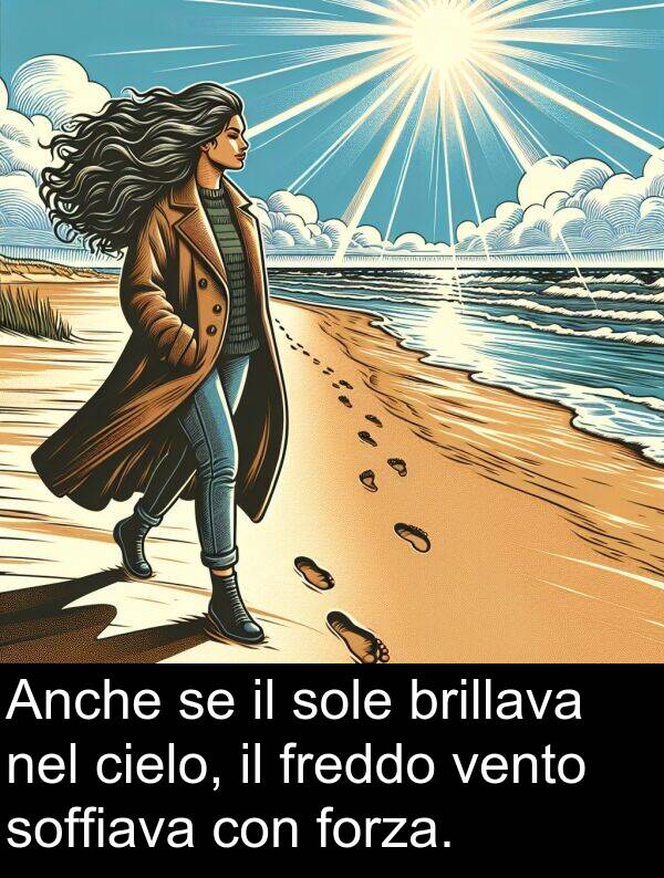 brillava: Anche se il sole brillava nel cielo, il freddo vento soffiava con forza.