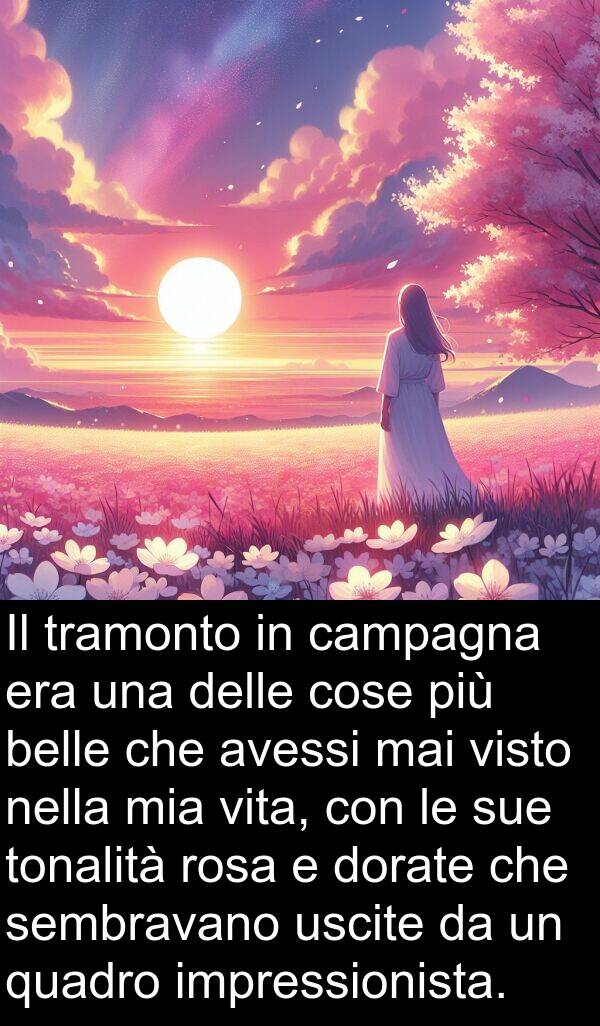 cose: Il tramonto in campagna era una delle cose più belle che avessi mai visto nella mia vita, con le sue tonalità rosa e dorate che sembravano uscite da un quadro impressionista.