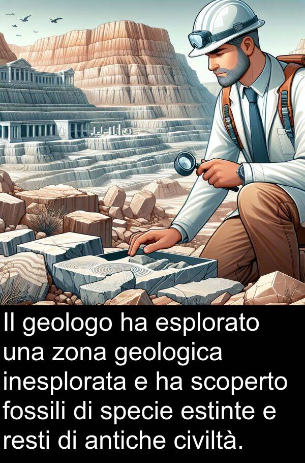 geologica: Il geologo ha esplorato una zona geologica inesplorata e ha scoperto fossili di specie estinte e resti di antiche civiltà.